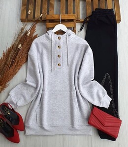  - VEGY YARIM DÜĞMELİ KANGURU CEP SWEAT B6-1-5385-26-GRİ