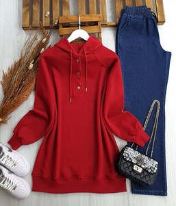  - YAPQ YARIM ÇITÇIT DÜĞMELİ KAPŞONLU SWEAT B6-2-5387-03-KIRMIZI