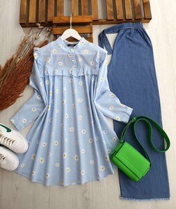  - YARIM DÜĞMELİ SARI PAPATYALI GÖMLEK TUNİK B8-5-5178-13-BEBE MAVİSİ