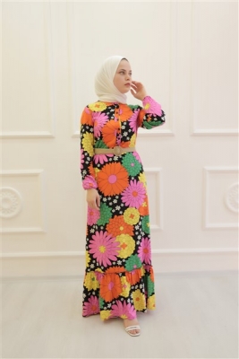  - YILDIZ ÇİÇEĞİ DESENLİ HASIR KEMERLİ ELBİSE C13- 2145-15-ORANJ